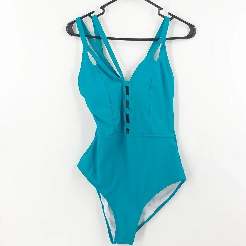 ✅ Cupshe‎ TEAL CRISS CROSS STRAPPY ONE-PIECE LARGE